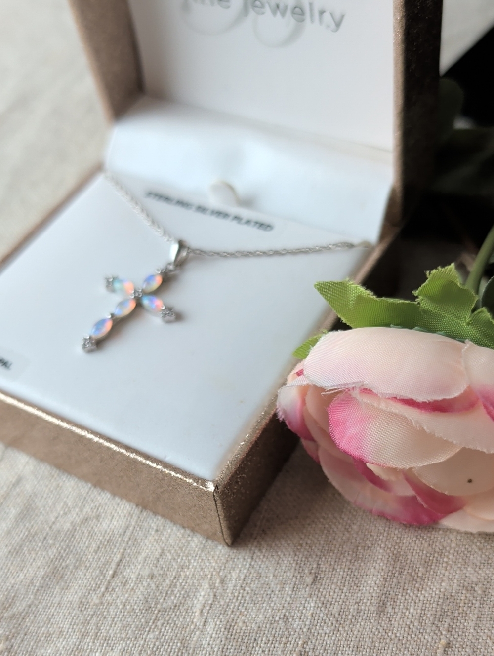 Brilliance Fine Jewelry Simulated Opal Cross Necklace Sterling Silver Plated - Picture 7 of 7